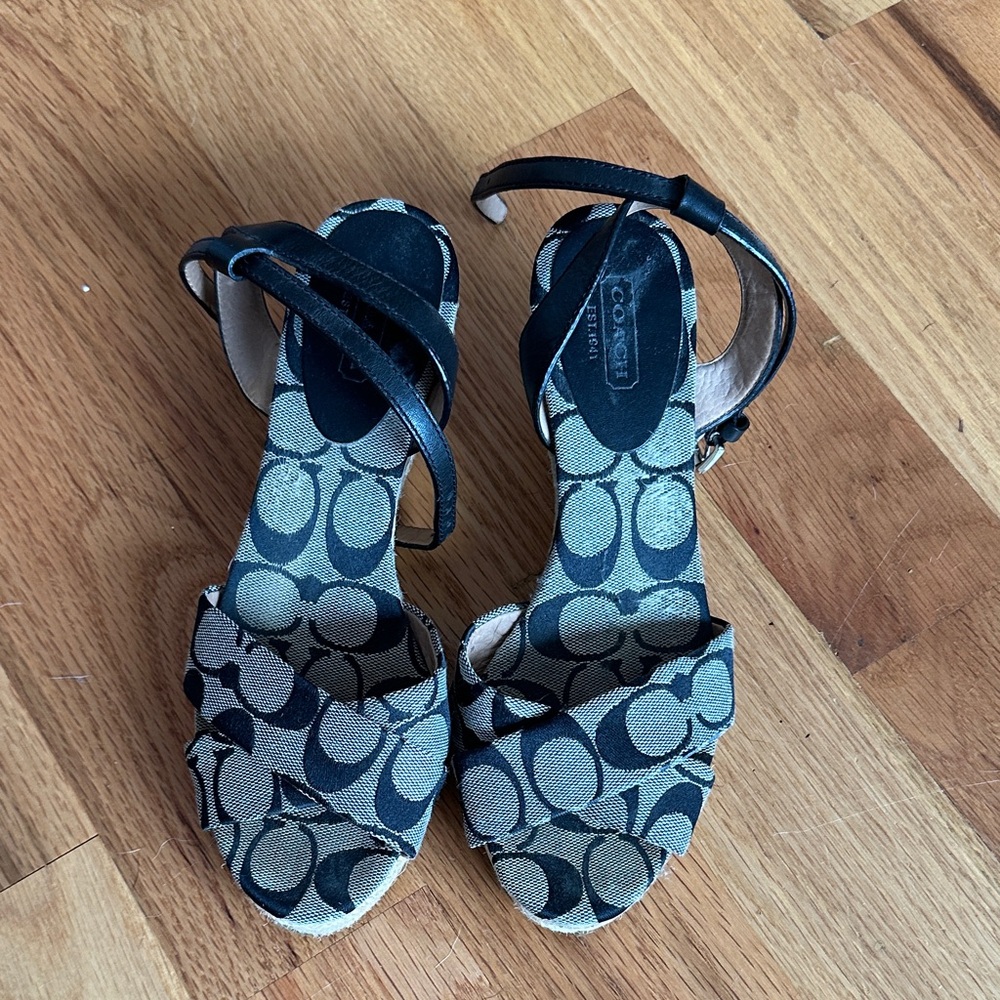 Coach Black and Cream Patterned Sandals